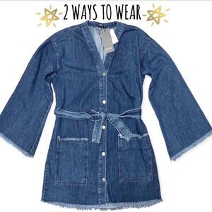 𝅺Nasty Gal Denim Button Down Bell Sleeve Belted Dress or Jacket. NWT! Size 4